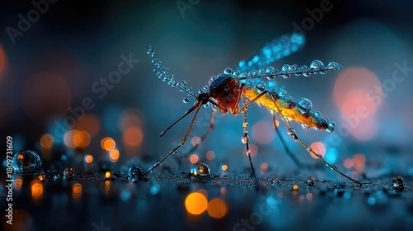 Fototapeta Mosquito surrounded by neon rain droplets glowing softly, macro shot capturing insect detail and shimmering water drops creating surreal luminous atmosphere in dark ambient