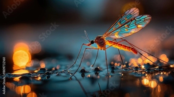 Fototapeta Mosquito near neon water surface glowing softly, macro close-up capturing insect detail and radiant liquid reflections in surreal nature composition