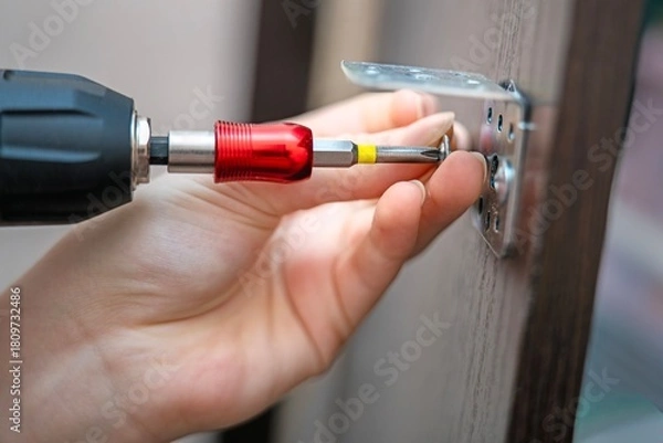 Fototapeta Young woman's hand holding a screw and bracket, attaching it to a board with a screwdriver