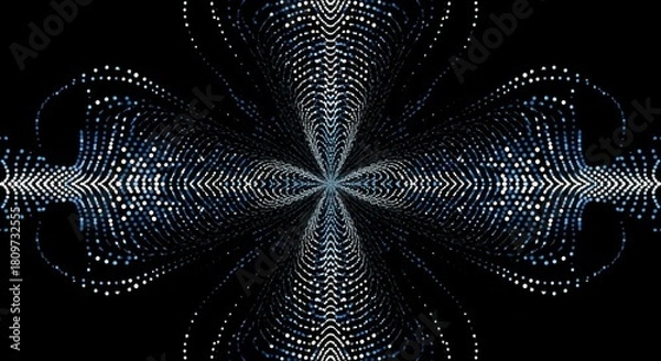 Fototapeta Abstract symmetrical pattern of glowing blue and white digital dots forming a complex, mesmerizing fractal design on black background