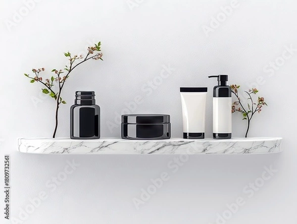 Obraz A minimalist arrangement of black and white skincare bottles and jars on a marble shelf, adorned with small flowering branches.