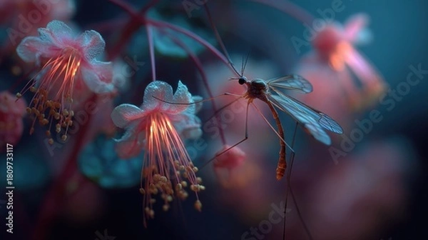Fototapeta Mosquito near neon filament plant glowing softly, detailed macro close-up showing insect detail and surreal luminous botanical textures