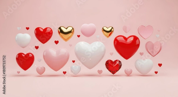 Obraz Various hearts of different colors, sizes, and materials floating.