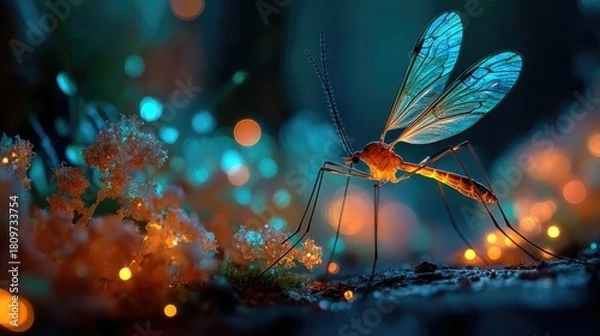 Fototapeta Mosquito inside neon insect micro-world glowing softly, detailed macro close-up showing insect detail surrounded by surreal luminous abstract environment
