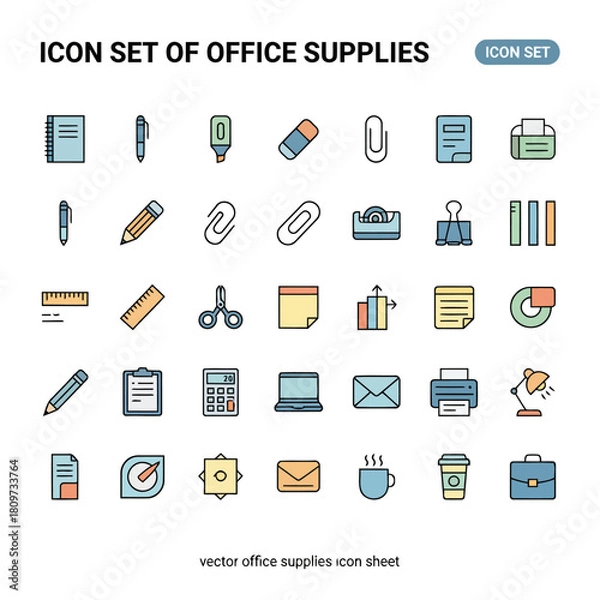 Fototapeta “Icon Set of Office Supplies – 20 Colorful Vector Glyph Icons for Workplace, Desk, and Productivity Tools”