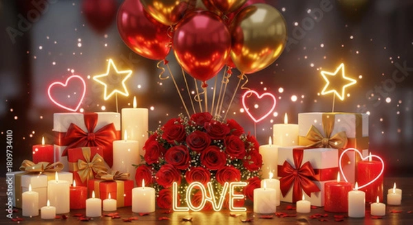 Obraz Romantic valentine's day gift boxes with roses and glowing neon lights