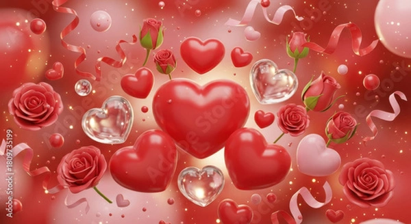 Obraz Romantic red hearts and roses celebration background with confetti