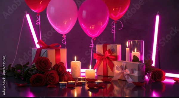 Obraz Romantic celebration with gifts, roses, candles, and balloons
