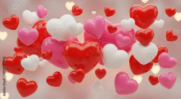 Obraz Assortment of red, pink, and white hearts floating generative art