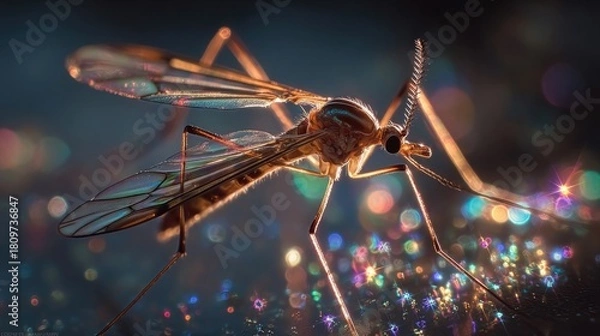 Fototapeta Mosquito flying near neon sparkles emitting radiant light, detailed macro close-up showing insect detail and surreal luminous fantasy light effects