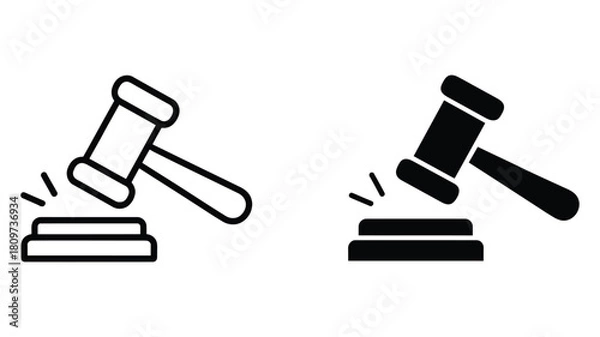 Fototapeta minimalist gavel icons depicting legal judgment and justice, outlined and solid styles with motion lines for law, courtroom, and auction themes