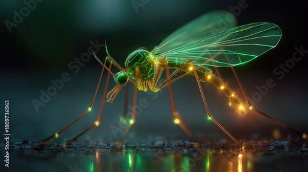 Fototapeta Mosquito glowing with neon aura emitting radiant light, detailed macro close-up capturing insect detail in surreal luminous dark ambient