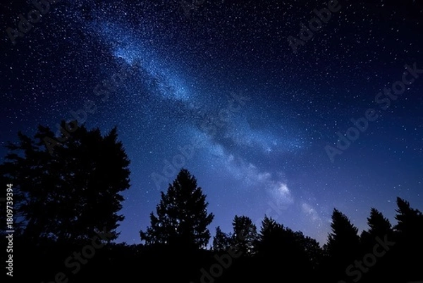 Fototapeta Dark blue nightscape showcasing the Milky Way and countless stars in a wide-angle view of outer space, ideal for educational and wallpaper use.