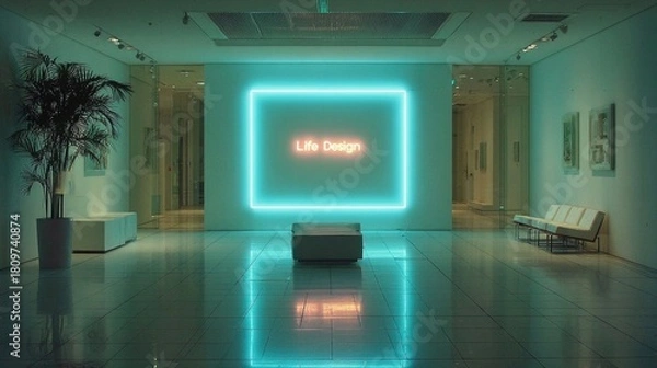 Fototapeta Mint neon "Life Design" glows in a minimalist setting--calm and futuristic.