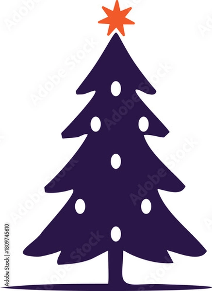 Obraz Minimal Christmas tree icon with orange star and white ornaments, simple festive holiday vector silhouette for decoration and design