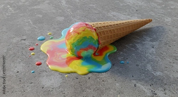 Fototapeta Colorful Melting Ice Cream Cone with Rainbow Drip on Gray Surface