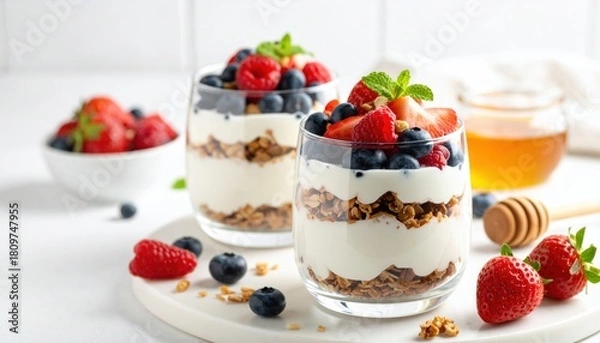 Obraz Fresh Berry Parfait With Granola and Honey - Healthy Breakfast Delight