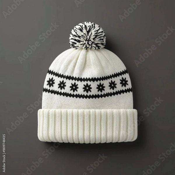 Fototapeta A knitted winter beanie hat with classic and cozy style, predominantly white with a black pattern