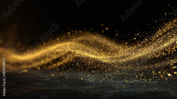 Fototapeta Golden wave of particles flowing elegantly across a dark background, creating a mesmerizing visual. The golden particles appear to dance and sparkle