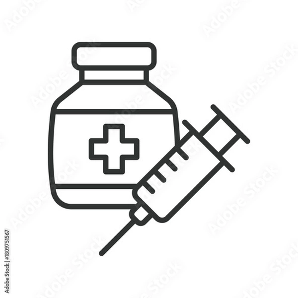 Fototapeta Injection icon in line design. injection, clinical dosing, syringe test, medication shot, treatment injection on white background vector. Injection editable stroke icon