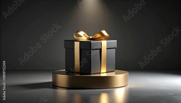 Fototapeta Luxurious Black Gift Box with Gold Ribbon on Pedestal, Spotlight