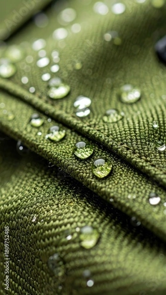 Obraz Macro shot of water droplets on green textured fabric with bokeh