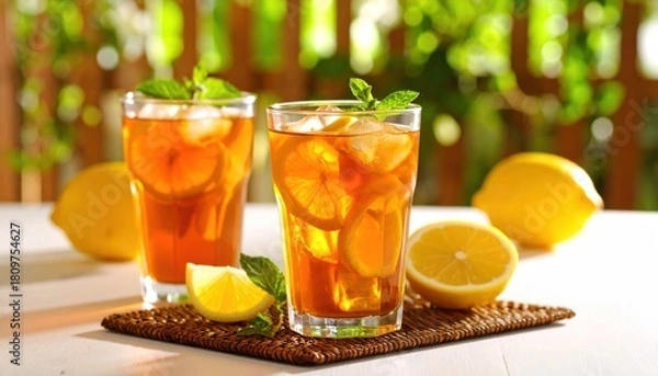 Fototapeta Refreshing Iced Tea with Lemon and Mint, Summer Outdoor Drink