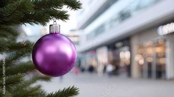 Obraz Vibrant purple christmas ornament hanging on tree with blurred urban background
