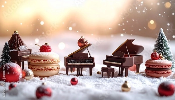 Obraz ミニチュアピアノとクリスマススイーツ / Miniature grand piano with festive macarons, ornaments, and bird figurine in holiday scene
