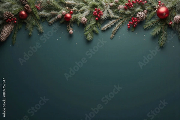 Fototapeta christmas border with pine branches and red and gold ornaments template banner on dark green background