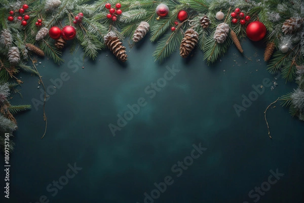 Fototapeta christmas border with pine branches and red and gold ornaments template banner on dark green background