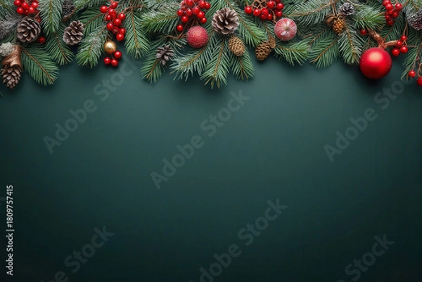 Fototapeta christmas border with pine branches and red and gold ornaments template banner on dark green background