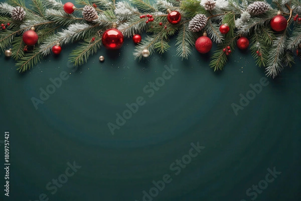 Fototapeta christmas border with pine branches and red and gold ornaments template banner on dark green background