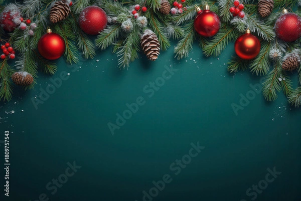 Obraz christmas border with pine branches and red and gold ornaments template banner on dark green background