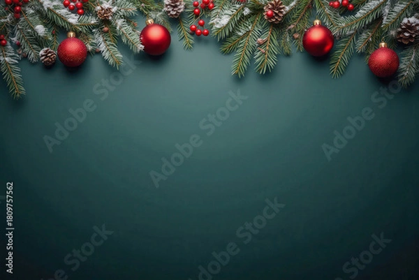 Fototapeta christmas border with pine branches and red and gold ornaments template banner on dark green background