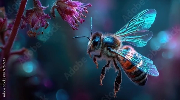 Fototapeta Macro bee wings with neon edge highlights, detailed close-up with vibrant reflections in surreal luminous environment