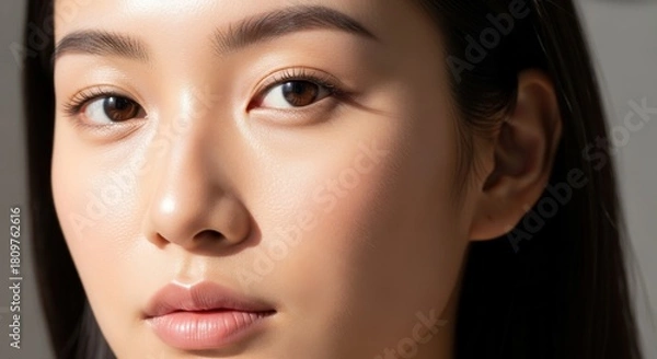 Obraz Close up portrait of a young asian woman with natural makeup and soft lighting