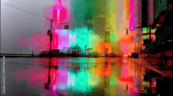 Fototapeta A city street at night is illuminated by vibrant neon lights, casting colorful reflections on the wet pavement.