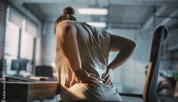 Fototapeta An overweight woman working in office, suffering from lower back pain, hands on lumbar muscle inflammation as he gets up from his desk