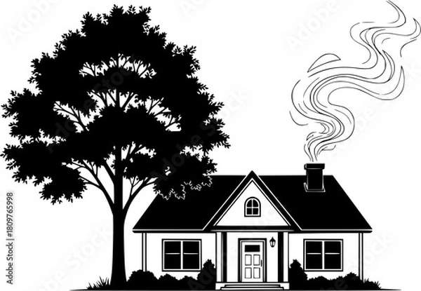 Obraz A monochrome illustration of a house with a tree and smoke coming from the chimney on a white background
