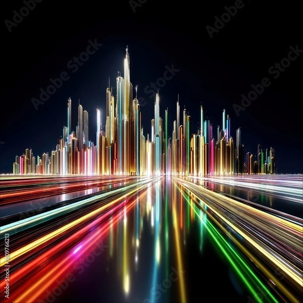 Fototapeta A futuristic cityscape with tall, slender buildings illuminated by colorful light streaks and their reflections.