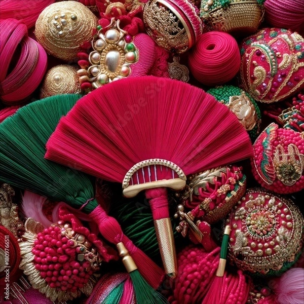 Obraz A close-up, overhead view of a festive collection of decorative items including fans, tassels, and ornate round ornaments in shades of pink, red, and green.
