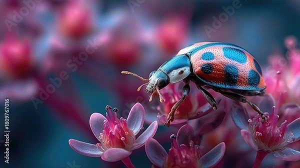 Fototapeta Ladybug resting among neon flower cluster glowing softly, radiant insect detail and surreal luminous botanical textures captured in macro nature shot