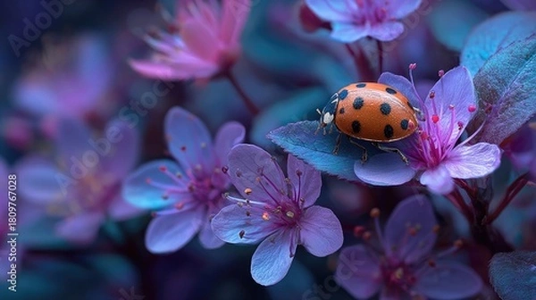 Fototapeta Ladybug resting among neon flower cluster glowing softly, radiant insect detail and surreal luminous botanical textures captured in macro nature shot