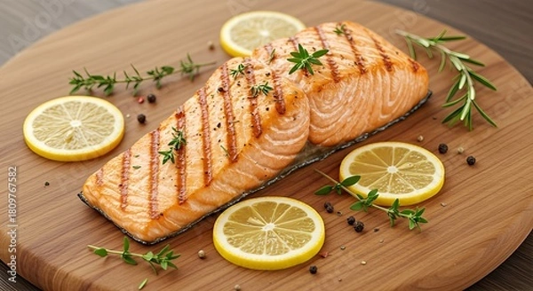 Fototapeta Grilled salmon fillet with lemon slices and herbs on a wooden board.