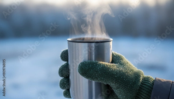 Obraz Gloved hand holding a steaming thermos cup in a snowy environment  