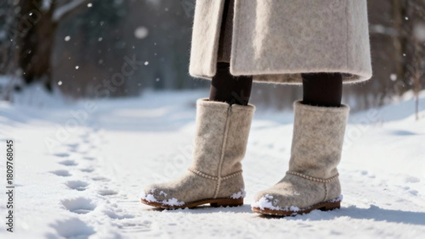 Obraz Woman wearing felt boots standing in the snowy landscape  