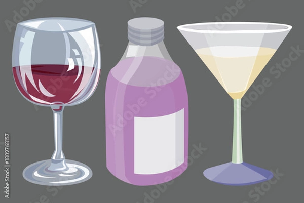 Obraz A colorful illustration featuring a red wine glass a purple bottle and a martini