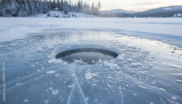 Fototapeta Ice fishing hole on a frozen lake surrounded by trees in winter  