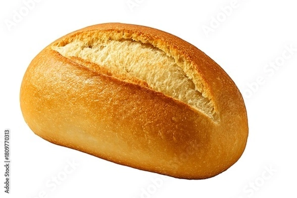 Obraz Golden brown crusty bread roll with a soft white interior.